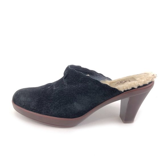 UGG Australia Black Leather Wool Lined High Heel Mules 7 - Picture 1 of 12